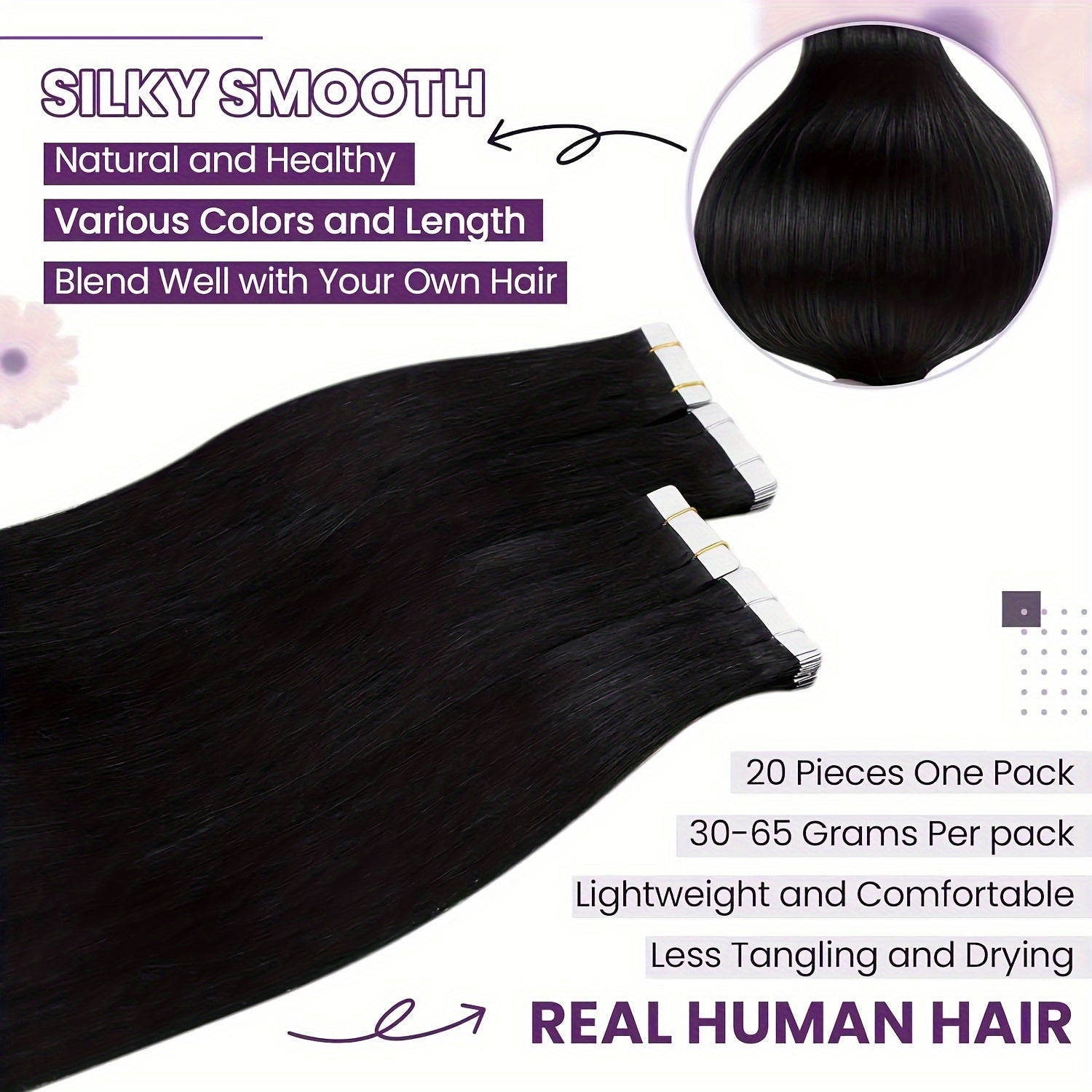 Natural Black Tape in Hair Extensions Human Hair Black Tape in Hair Extensions Real Human Hair Extensions Tape in #1B Black Hair Extensions Real Human Hair 20pcs 16-26 Inches
